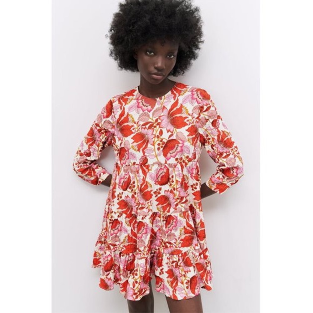 Zara pink and red print ruffled dress
